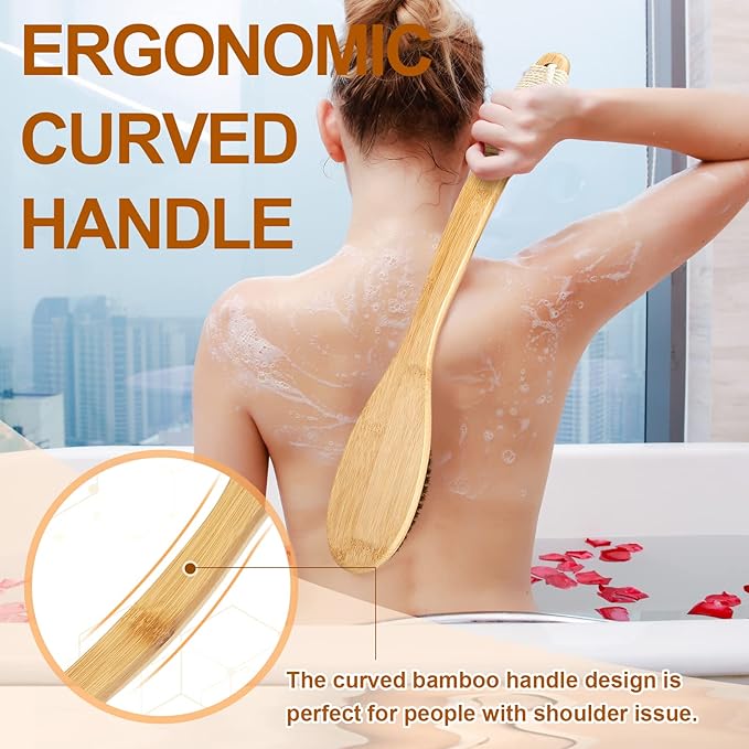 eaxun Bamboo Back Scrubber for Shower with Curved Long Handle, Shower Brush | 16.7 Inch Exfoliating Brush with Natural Horse Bristles for Men & Women, Anti-Slip Grip Back Washer for Bath or Dry Brushing