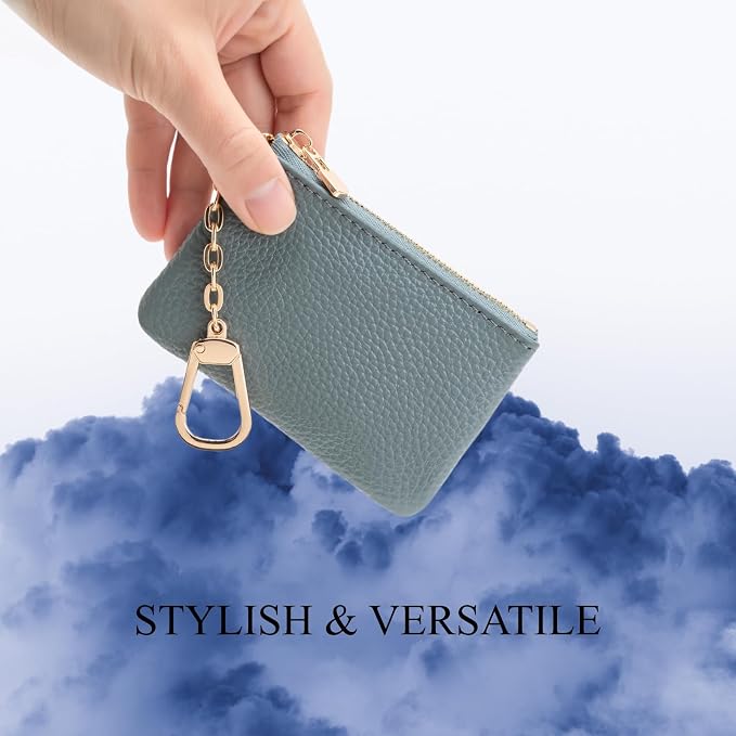 Full Grain Leather Coin Purse with Key Chain - Small Change Purse Keychain Card Holder Keychain Pouch Small Keychain Wallet for Women and Men (Powder Blue)