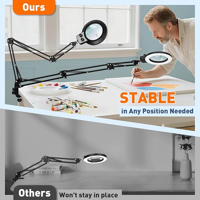 KIRKAS 12X 30X Magnifying Glass with Light and Stand, Extra-Long Arm Knob | Magnifying Lamp for Workbench Craft, Sewing, LED Lighted Magnifier Real Glass Lens Stepless Dimming and Color (35in Clamp)