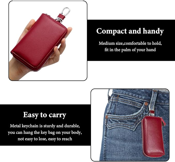 Leather Car Key Holder Bag, Unisex Key Fob Case with 6 Hooks, Zipper Closure Keychian Case Wallet for Smart Keys (Wine Red)