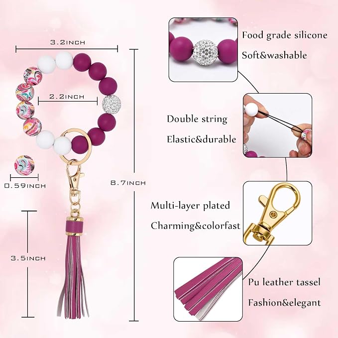 BAOSIWA Silicone Beaded Bracelet Keychain Wristlet Key Ring Bangle Chains for Women with Leather Tassel