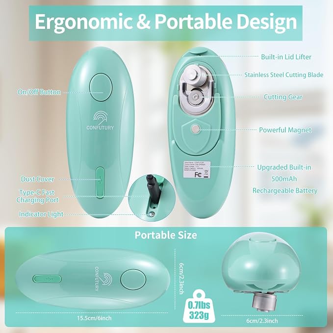 Electric Can Opener, USB-C Rechargeable Smooth Edge for Seniors (Green) | Cordless, One-Touch Automatic, Smooth Edge Cutting, for Standard & Oval Cans, Lightweight for Travel