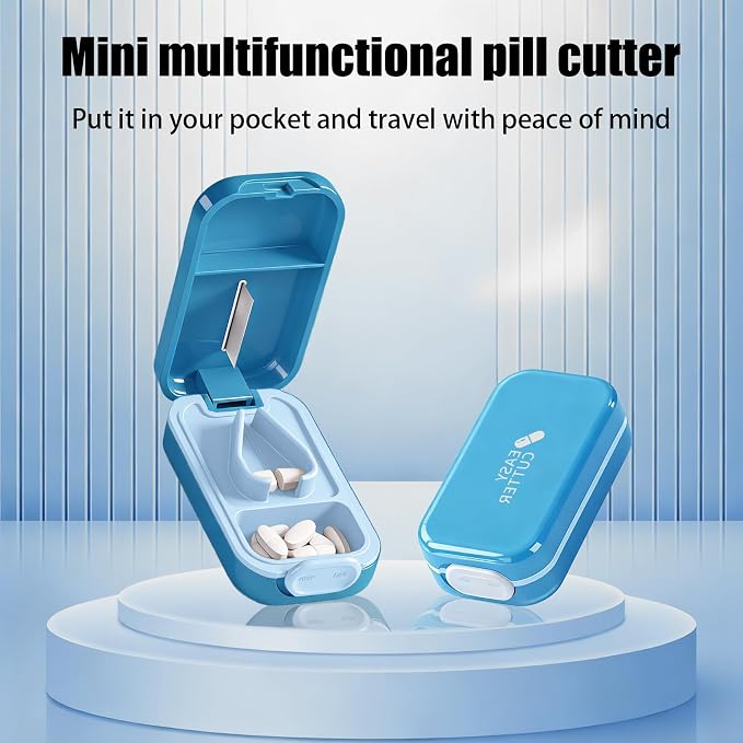 Pill Cutter Splitter for Small or Large Pills with Safety Lock - Accurate and Easy Travel-Friendly Design for Daily Use (Blue)