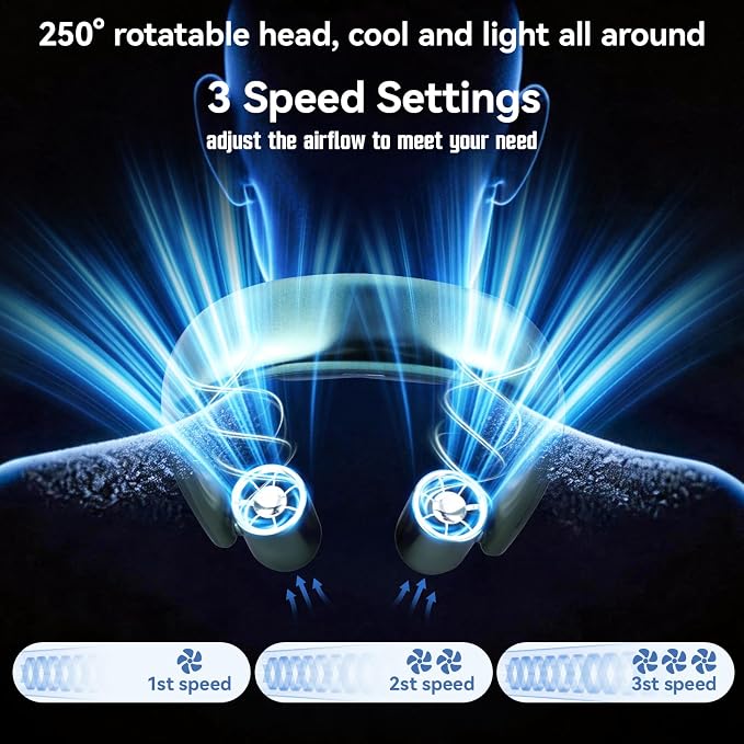 VAVOFO Portable Neck Fan with Book Light, Hands Free Wearable Cooling Fan | 6000mAh Rechargeable, 3 Speeds, 250° Adjustable, Ideal Gift for Reading, Travel, Office, Hiking, Fishing & Sports