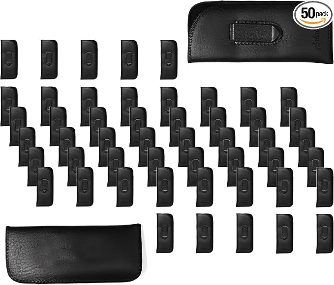 Calabria Slim Eye Glasses Case w/Clip Soft PU Leather Black Men Women Eyeglasses Pouch Slip-In Eyewear Holder Sunglass Bag - 50PACK
