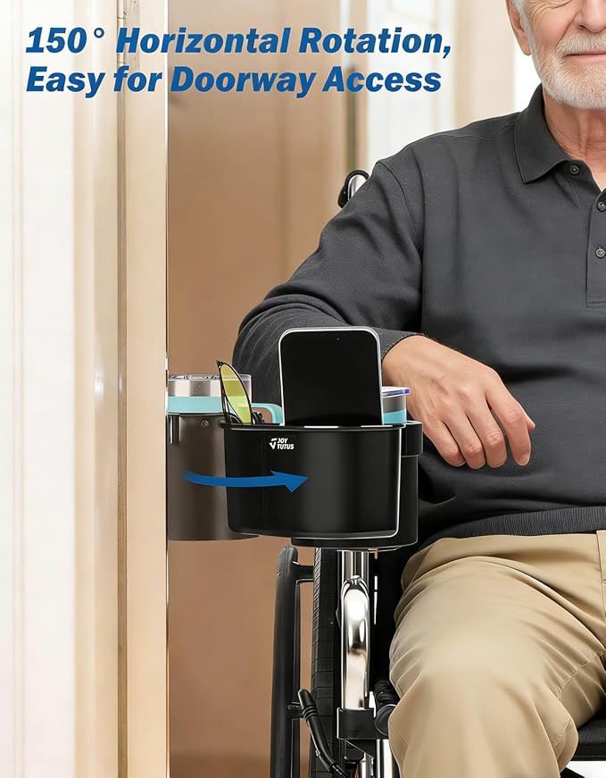 JOYTUTUS Wheelchair Cup Holder, 2-in-1 Walker Cup Holder with 6.4'' Large Storage Box, Drink Holder for Bottle with Handle, Fit for Wheelchair, Walker, Rollator, Stroller, Camper, Golf cart (Large)