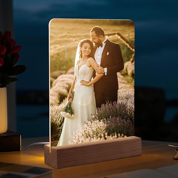 2 Pack 6" x 8" Sublimation led Acrylic Photo Frames Night Lights Blanks Heart Shape,with Warm Color Light with Wood Stand for Heat Press Machine Printing