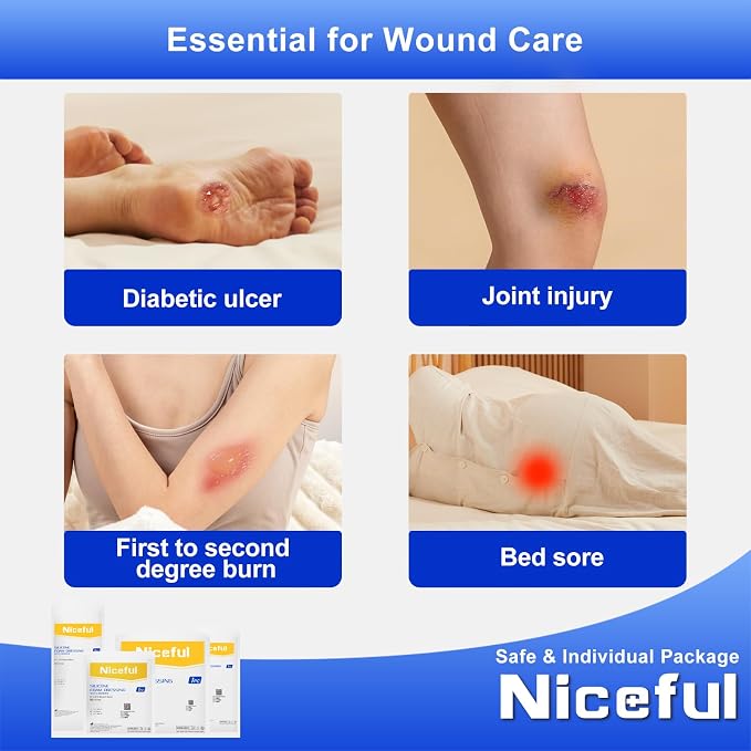 Niceful 10 Count Silicone Foam Dressing 6" x 6" - Large Bandages for Wounds, Wound Dressing Waterproof Silicone Bandages for Bedsores, Diabetic Foot Ulcers, I-II Degree Burns
