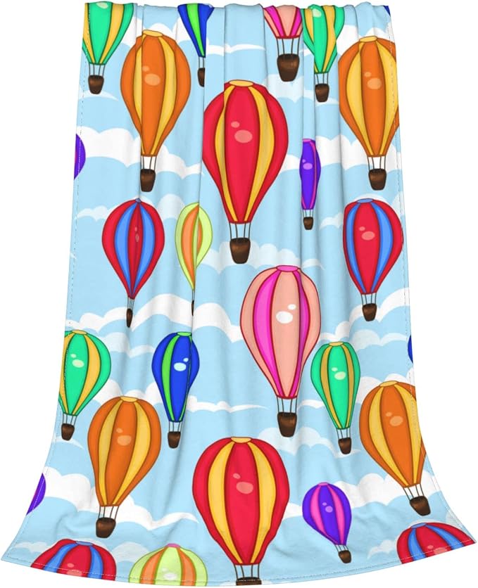 Cartoon Hot Air Balloon Kids Blanket 40x50 Inches - Plush Flannel Throw Blankets for Boys & Girls - Playful Cloud & Balloon Print - Lightweight Travel Blanket for Car Bed & Sofa