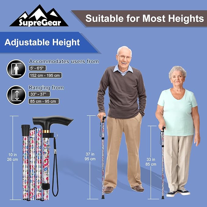 supregear Folding Cane, 5-Level Adjustable Height Walking Stick Lightweight Collapsible Portable Travel Cane with Wrist Strap and T Handle for Elderly Disabled Men Women