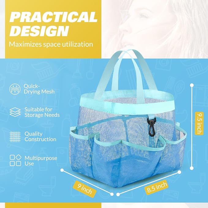 LOYEE Mesh Shower Caddy Portable for College Dorm Room Essentials with 8 Pockets, Shower Bag for Beach, Swimming, Gym, Travel, Bathroom(All blue)
