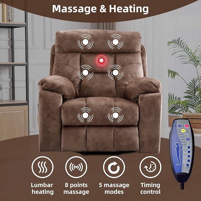 Large Power Lift Recliner Chair with Massage and Heat for Elderly Big and Tall People, Overstuffed Wide Recliners with 2 Cup Holders, Side Pocket and USB Port, Camel