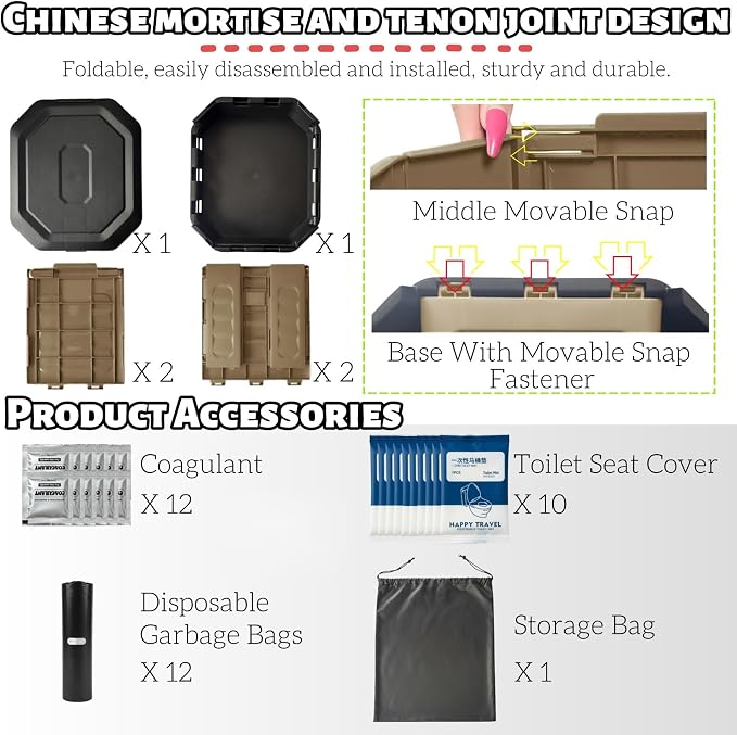 Upgrade Portable Toilet for Adults, Travel Floding Toilet with Lid for Adults & Kids, Camping Toilet Portable Potty for Hiking,Car,Beach and Camping (Khaki, Medium)