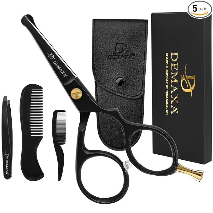 Premium 4.2 Blunt Tip Professional Mustache Scissors Beard Scissors for Men with Slanted Tweezers 1 Mustache Comb 1 Beard Comb & Pouch – Beard Trimming kit & Mustache Kit