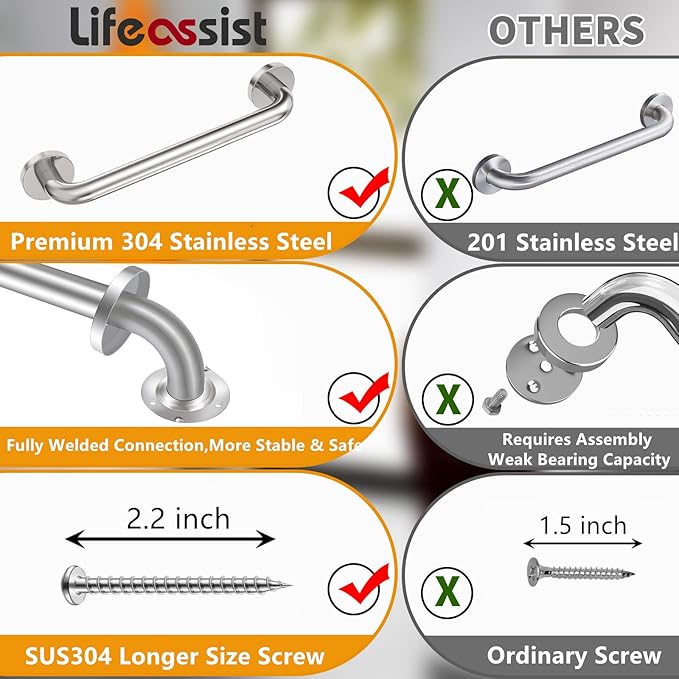 16 Inch Shower Grab Bar 2 Pack Polished Chrome SUS 304 Safety Grab Bars with Concealed Screws, 500lbs Support Assist Bath Handle Balance Bar for Handicap Elderly Pregnant Women for Christmas Gifts