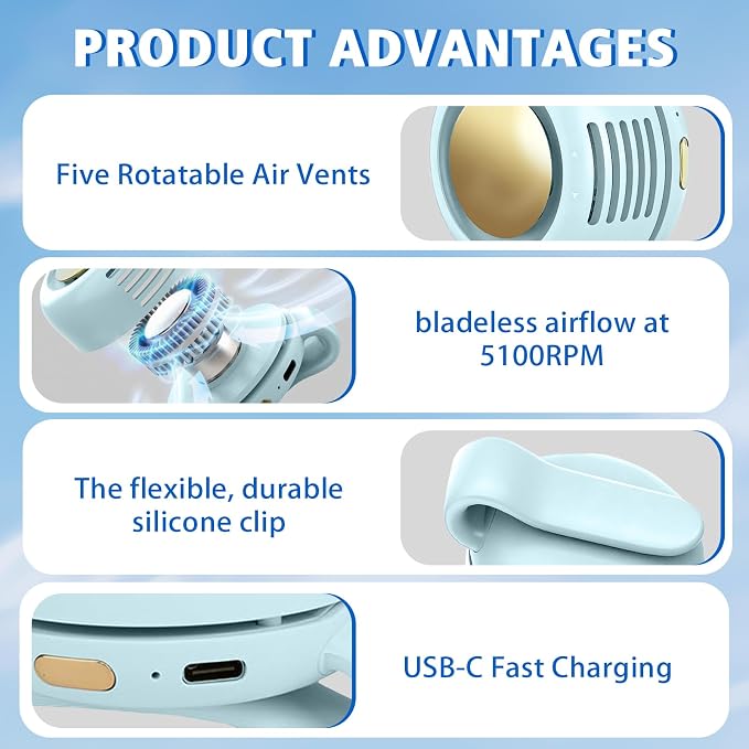 Portable Fan,Clip On Waist Bladeless, Ultra-Quiet Personal Mini Neck Fan | 3 Speeds with 360°Adjustable Clip Mini Fan Personal USB Rechargeable Small Fan for Summer