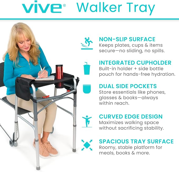 Vive Walker Tray for Folding Walker - (w/Cup Holder) - Adult Mobility | Accessories - Fits Standard Walkers - Medical Table for Seniors Non Slip Mat for Food - Removable & Easy Assembly (Black)