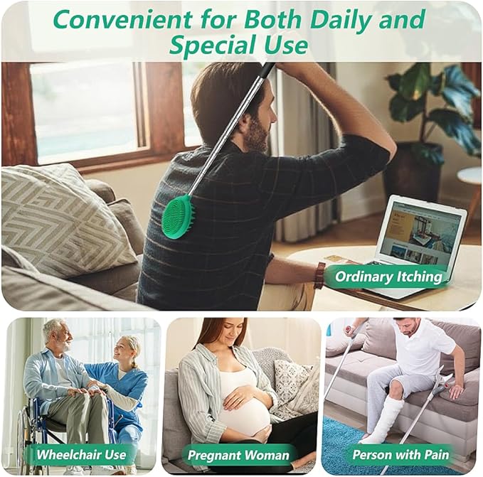 Back Scratcher with 3 Detachable Scratching Heads Silicone Massager Extendable Telescoping for Itches Lotion Application Spa Whole Body Seniors The Disabled Baby Men Women Kids Adults Green
