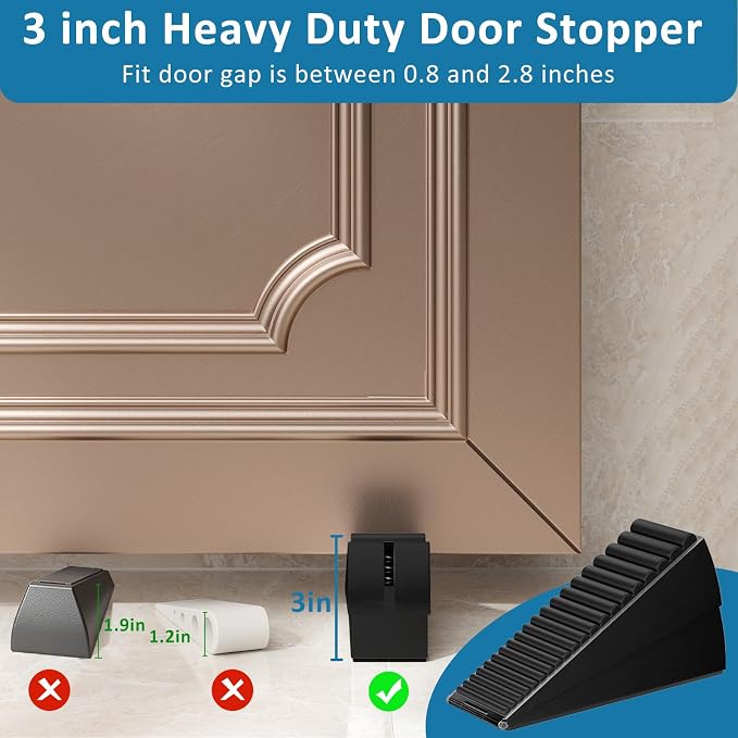 Optish 2 Pack Heavy Duty Door Stopper, Adjustable Spring Large Stopper, 3 Inches High Tall Wedge Stoppers for Bottom of Door, Door Stop Suits Wood, Carpet, Tiles, Home, Heavy Door, Black