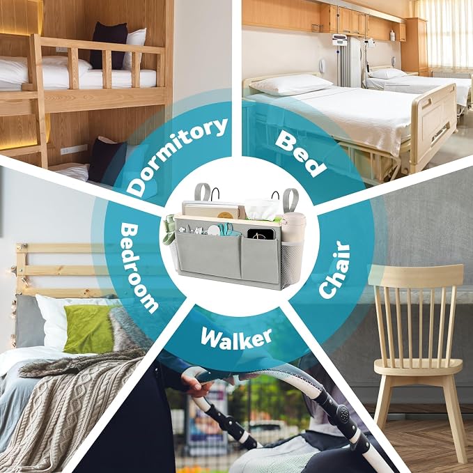 BlissTotes Bedside Caddy, Dorm Storage with Pockets, Bunk Bed Accessories | Hanging Bed Storage Organizer with Hooks, Bedside Shelf Bag, Magazine Holder for Home, College, Hospital (Light Grey, 2 Pack)