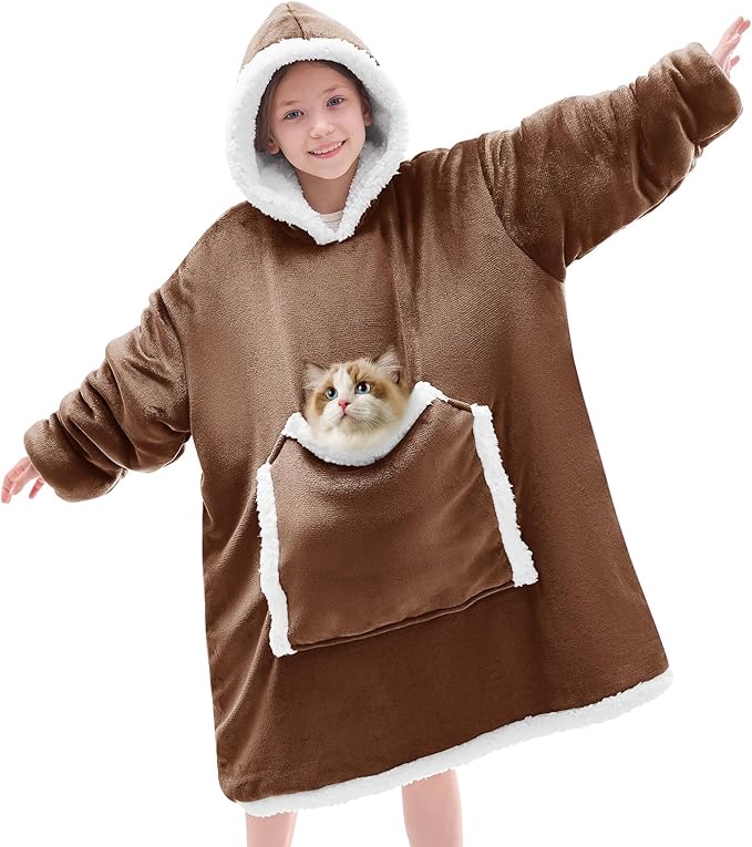JOYWOO Brown Kids Wearable Blanket Hoodie, Oversized Cat lovers Hoodie Blanket for kids & Teens,Birthday Gifts for Girl Boys,Warm Cozy Fuzzy Sherpa Fleece Sweatshirt Blanket with Giant Pocket Gifts