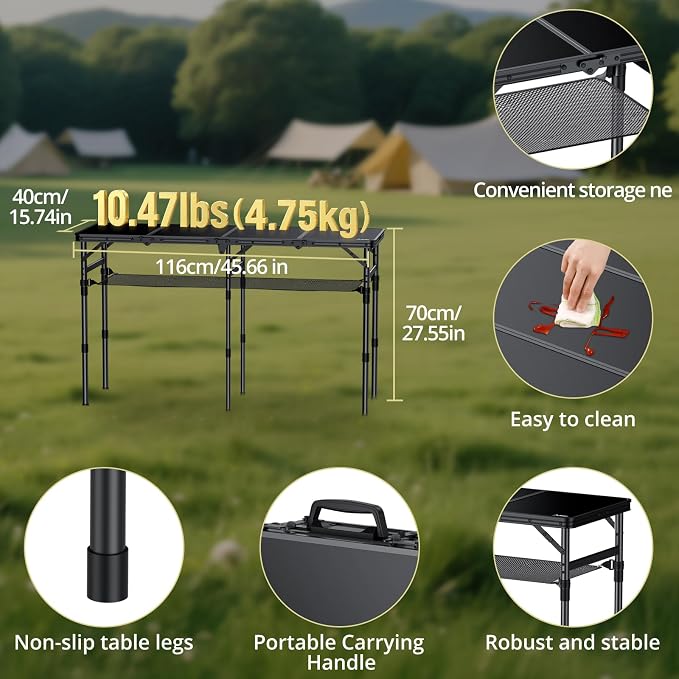 Anbte 4-Fold Camping Table, 3 Adjustable Height Max 27.5”, 46” X 16”, Black | with Storage Net, 4ft Aluminum Portable Camping Table, Lightweight, For Picnic Beach Outdoor Indoor RV Travel Tailgate