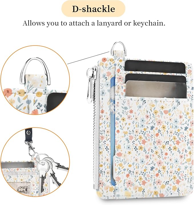 Hancynir White Floral Small Wallet Women Credit Card Holder, RFID Slim | Zipper Keychain Wallet, Travel Coin Front Pocket, Ladies Women Gifts, Thin Minimalist Card Case, 6 Card Slots, PU Leather