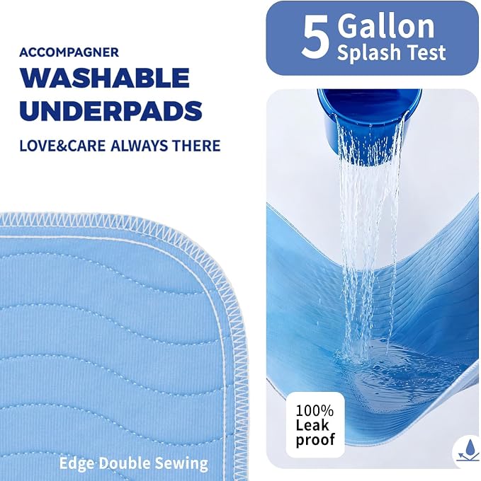 Accompagner Incontinence Bed Pads Washable Waterproof, Ultra-Absorbent Reusable Underpads for Diaper Changing, Nursing, Bedridden, Adults, Seniors, Kids and Dogs (Blue, 36"x54"(Pack of 2))