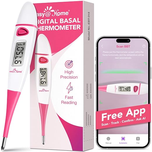 easy@Home Digital Basal Body Thermometer for Adults - Ovulation BBT | Precise 1/100th Degree Tracking. Flexible Waterproof Tip & Memory Recall. Auto Scan with Premom App