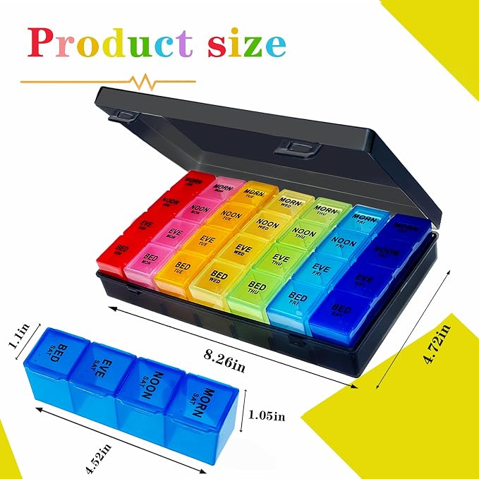 ZVZM Weekly Pill Organizer 4 Times a Day, Large Medicine Organizer, Pill Box 7 Day 28 Compartment, Portable Travel Pill Container Case for Vitamin and Supplement (Color)