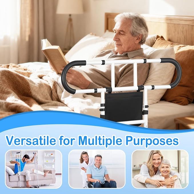 Bed Rails for Elderly Adults Safety, Bed Cane for Seniors, 300 Lbs | Adjustable Height Grab Bar Handrails with 2 Ergonomic Handles & Storage Pocket, 180° Foldable Bed Rails for Seniors