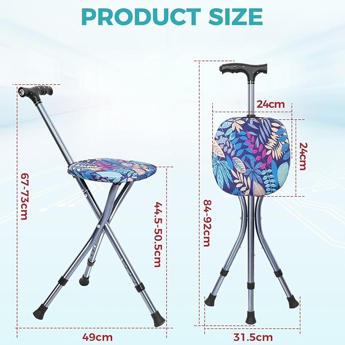 Portable Adjustable Folding Walking Cane with Seat and Cushion，Cane seat for Seniors with Magnetic Massage Handle, Lightweight Walking Cane with LED Light，Supports up to 330 Pounds
