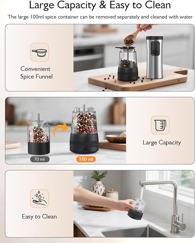Electric Salt and Pepper Grinder Set, Upgraded 2-Speed Setting, External 5 Adjustable Coarseness, Battery Display Rechargeable Base, Stainless Steel Automatic Salt & Pepper Shakers Mill with LED Light