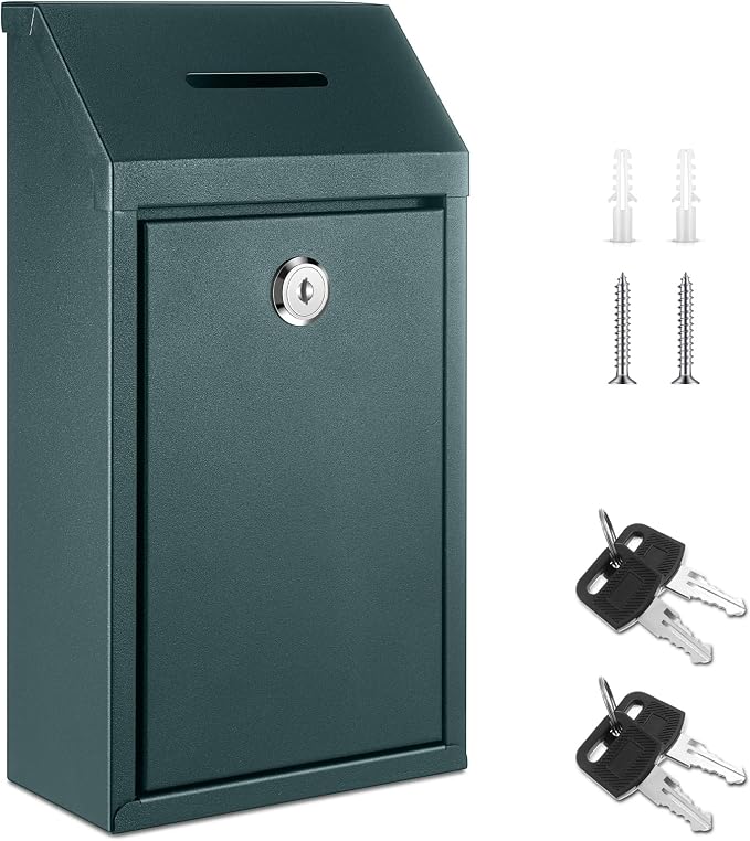Yaocom Metal Money Box,Dark Green,10.24 x 5.71 x 2.95 Inch,No Lid | Wall Mounted Drop Donation Cash Box for Farm Stand Collection Safe Suggestion Box with Lock Container for Home Office Outdoor
