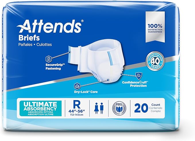 Attends Confidence® Adult Unisex Disposable SmartCool® Briefs, Regular, 44"-56" Waist, SecureGrip Tab Closure, Ultimate Absorbency, Dry-Lock Containment Core, 20ct Bag