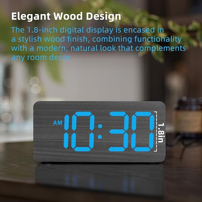 uscce Wooden Digital Alarm Clocks for Bedrooms with 0-100% Dimmable Display | Desk Clock with Large Numbers for Living Room - Loud Dual Alarm for Heavy Sleepers with Volume Control - Wood Decor & Gifts