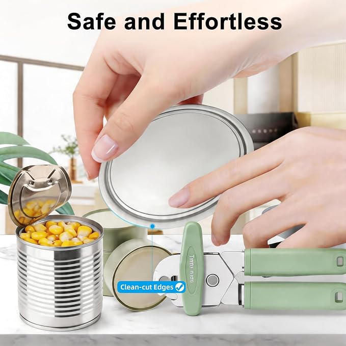 Can Opener Manual, Reinforced Blade, Effortless Knob, Non-Stick, Green | Reinforced blade, effortless knob, built-in bottle opener, non-stick hard rubber handle, smooth-edge safety cutter