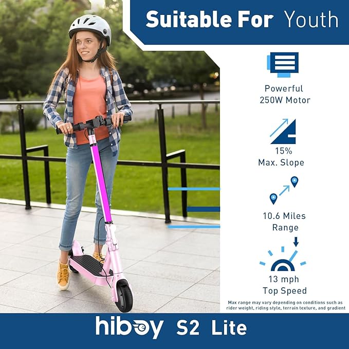 Hiboy S2 Lite Electric Scooter - 6.5" Solid Tires - Up to 10.6 Miles Long-Range & 13 MPH Portable Folding Commuting Kick-Start Boost Scooter for Teens