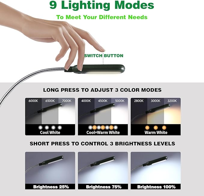 VAVOFO Rechargeable Book Light for Reading in Bed Kids, 7 LED Reading Light with 9-Level Warm Cool White Daylight, Eye Care Lamp with Power Indicator for Bookworms (Garden Green)