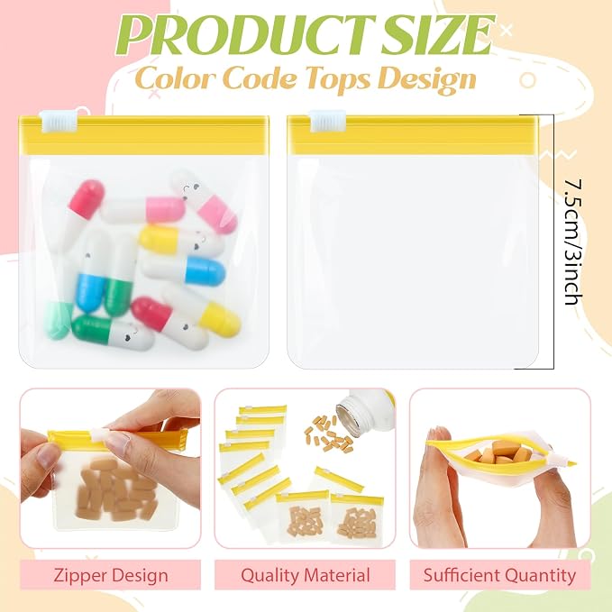 Sherr 35 Pcs Pill Pouch Bags with Zipper Pill Pouch Set Travel Reusable Translucent Medicine Organizer Self Sealing Plastic Bag with Slide Lock for Storage(Sweet Macarons,3 x 3 Inch,Blank Style)