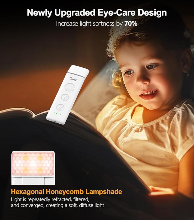 Gritin Book Light Rechargeable, Clip on LED Reading Light for Books in Bed | Eye Caring 3-Color & 5-Brightness, Stepless Dimming, Long Lasting, Compact Size Flexible Book Lamp for Bookworms