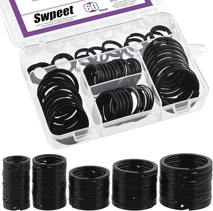 Swpeet 60 Pcs Black Assorted Multi-Purpose Metal Keychain Rings Split Keyrings Flat O Ring for Home Car Keys Attachments Keys Pendants - 20mm, 25mm, 30mm, 35 mm, 38 mm