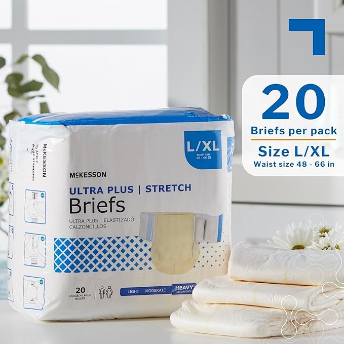 McKesson Ultra Plus Stretch Briefs, [80 Count], L/XL, 48-66 in. Incontinence Adult Diapers, Heavy Absorbency, Unisex, Disposable, Elastic Leg Gathers and Contoured Fit for Men and Women