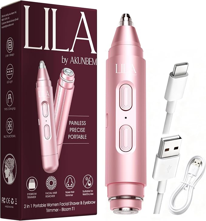 2-in-1 Eyebrow Trimmer & Nose Hair Trimmer for Women, Electric Facial Hair Remover with LED Light, Precision Face Razor for Eyebrow, Nose & Facial Hair, Portable Painless Grooming Tool