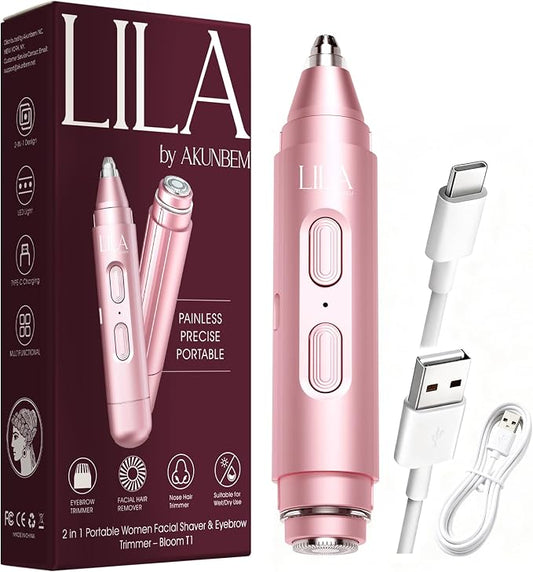 2-in-1 Eyebrow Trimmer & Nose Hair Trimmer for Women, Electric Facial Hair Remover with LED Light, Precision Face Razor for Eyebrow, Nose & Facial Hair, Portable Painless Grooming Tool