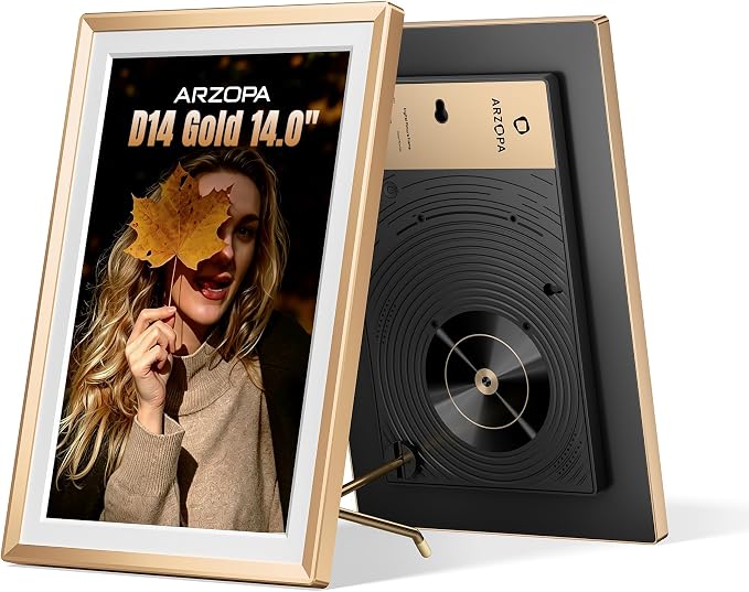 ARZOPA Metal Digital Picture Frame 14 Inch Free Cloud Storage No Subscription FHD IPS Anti-Glare Touchscreen Load Photos Videos from Phone Exquisite Decoration Ideal for Gifting - D14 Champagne Gold
