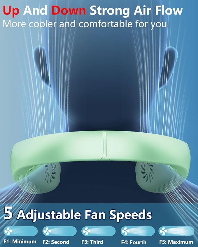 Neck Fan that Blows Cold Air with Water Mist, Portable USB Rechargeable Neck Cooler, Collapsible Ventilador de Agua de Aire Frio, Bladless Wearable Hand-Free AC Unit for Outdoor Travel Sports, Green