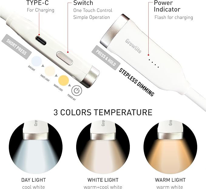 Neck Reading Light, 3 Color & Brightness Adjustable Book Light for Reading in Bed, Hands-Free, Lightweight, USB C Rechargeable, Eye-Caring, Perfect for Crafts, Camping, Kids & Adults (white)