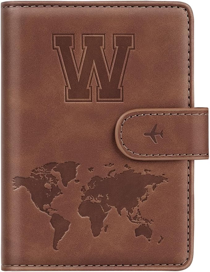 Passport Holder Wallet Cover Personalized Initial Travel Essentials | Embossed Letter A-Z Design, Travel Wallets, RFID Blocking, Passport Book Holders, Women Men, Personalized Gifts, Brown-W