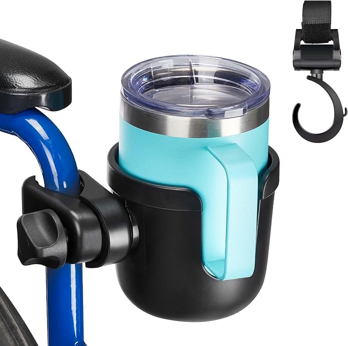 JOYTUTUS Wheelchair Cup Holder, Rollator Cup Holder, 4 Flexible Tabs with Hook Drink Holder for Walker, Scooter, Stroller, Mobility
